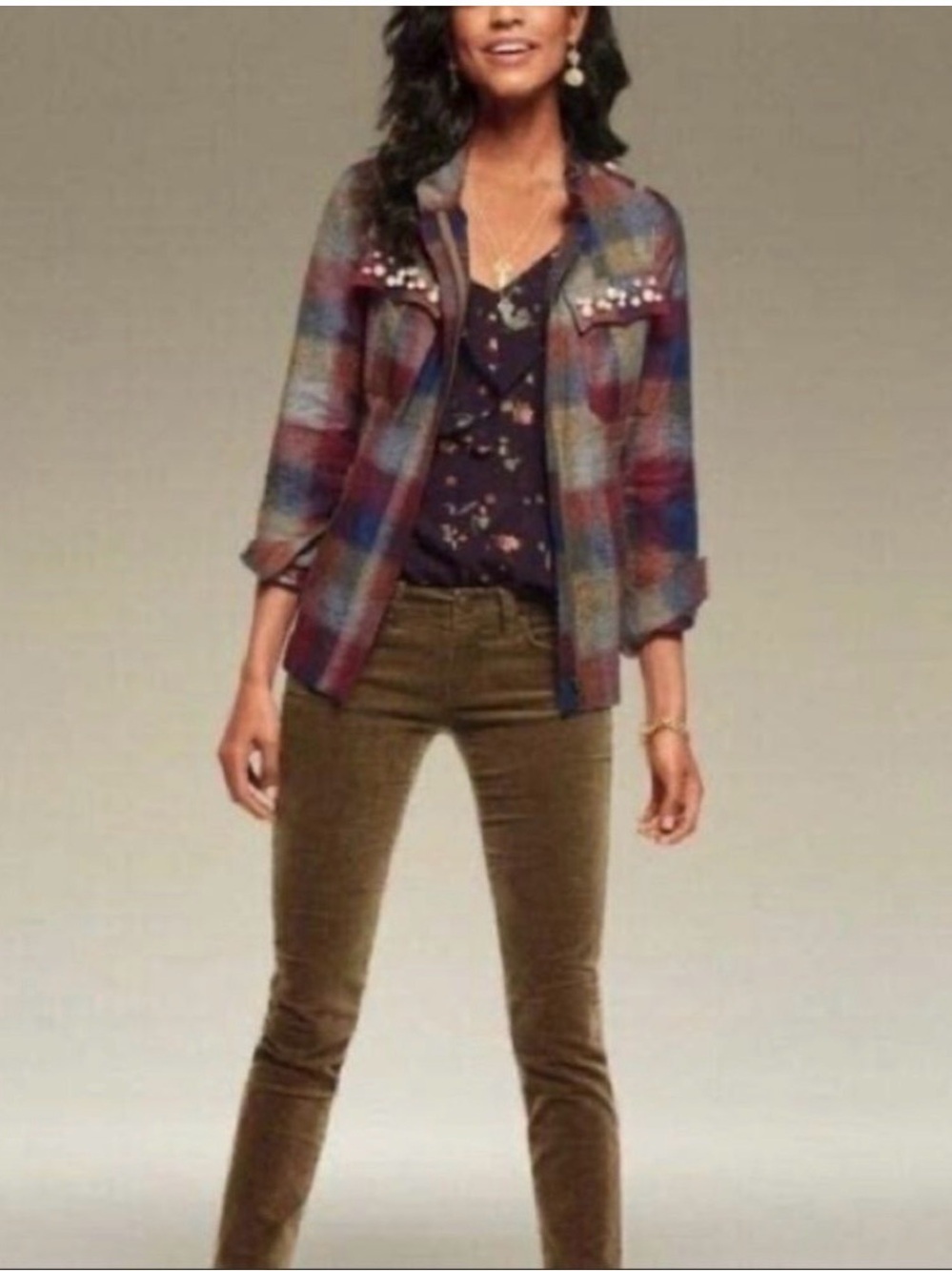 CAbi #3555 College Plaid Pearl-Embellished Utility Jacket - Blue, Red, Gray